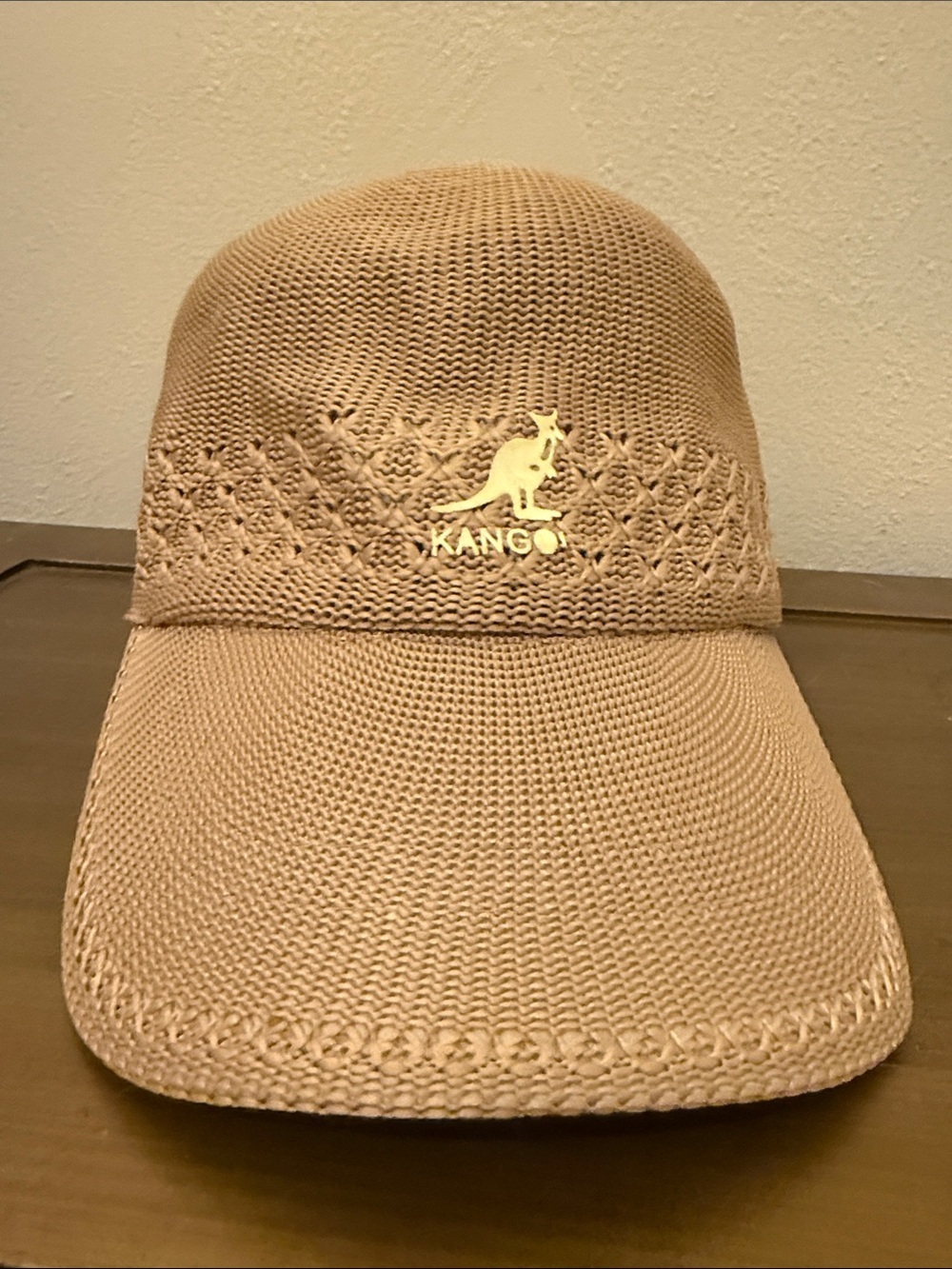 Kangol Beige Knit Straw-Style Snap Back Cap with Gold Logo